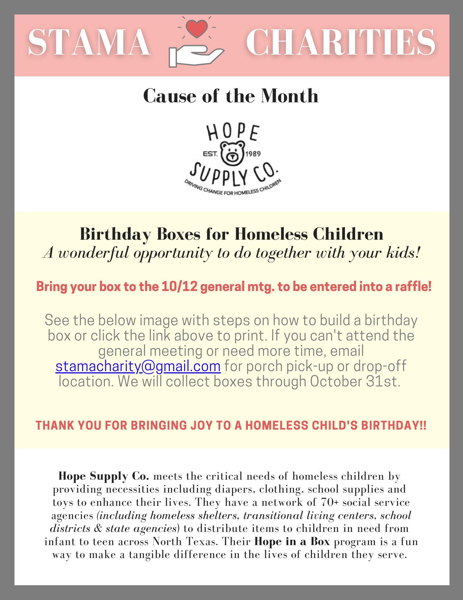 Charities Committee Hope in a Box Birthday Bodxes for Homeless Children