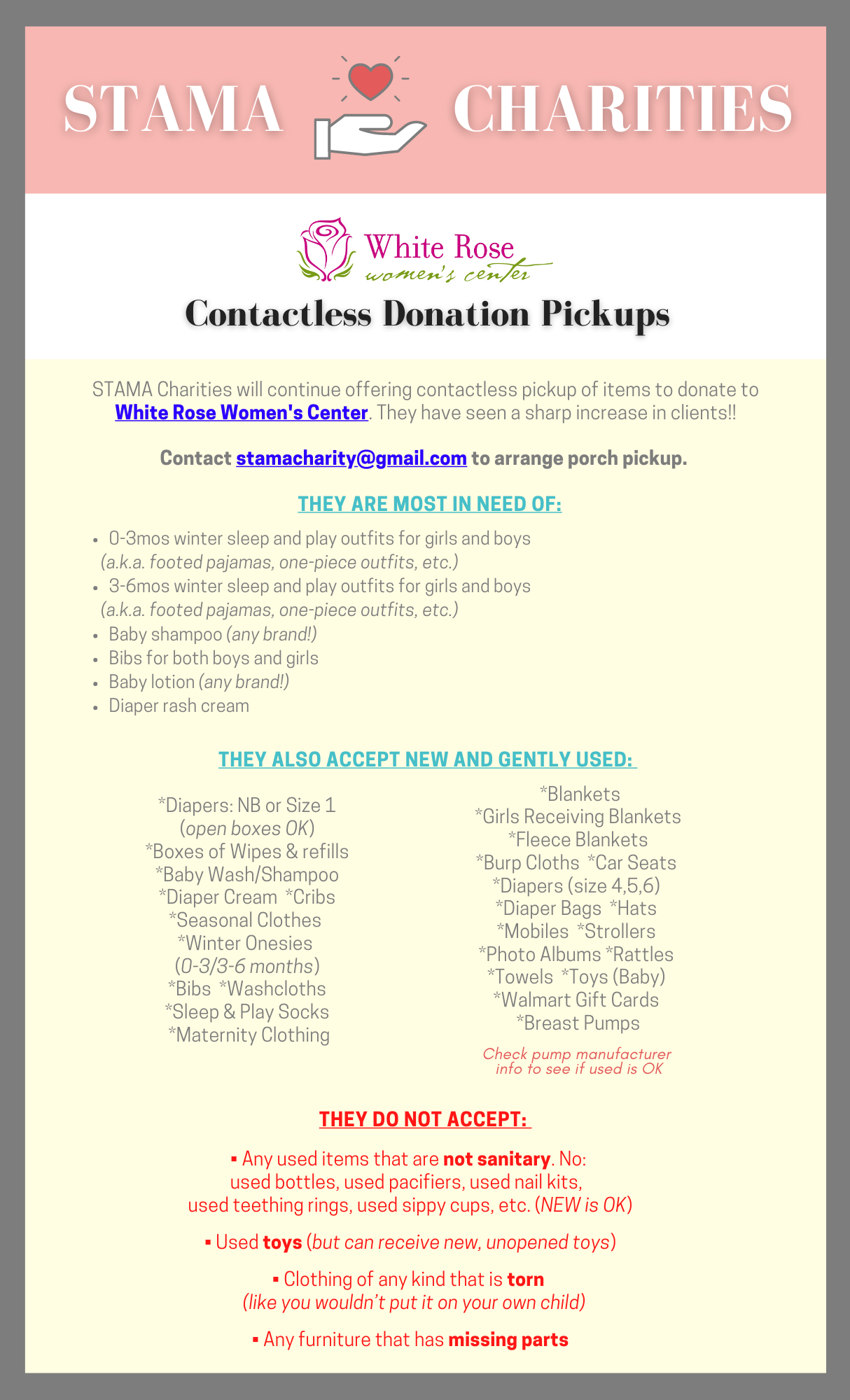 Items to donate STAMA Charities Contactless Donation Pickup for White Rose Women's Center